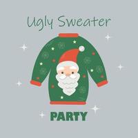 Kerstmis vector ansichtkaart met uitnodiging Aan lelijk trui vakantie feest. Kerstmis groen trui met schattig de kerstman claus en sneeuwvlokken.