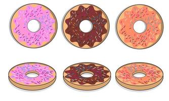 donut vector set. donut verzameling. zoet suiker suikerglazuur donuts. breken tijd met wit chocola, aardbei en chocola donuts top visie.
