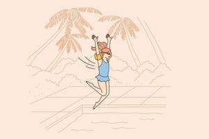 zomer vakanties en reizen concept. jong glimlachen meisje tekenfilm karakter jumping in water van zwemmen zwembad gedurende vakanties reis buitenshuis vector illustratie