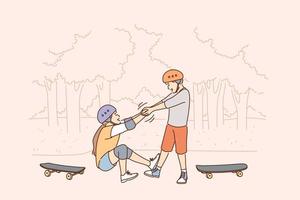 helpen hand- en vriendschap concept. klein jongen tekenfilm karakter helpen zijn vriend meisje naar krijgen omhoog na vallend van scooter gedurende wandelen buitenshuis vector illustratie