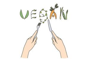 veganistisch voedsel en dieet concept. menselijk handen vormen woord begon uit van bestek en rauw natuurlijk vegetarisch natuurlijk ingrediënten voor gezond aan het eten vector illustratie