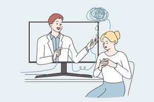 telegeneeskunde en online medisch ondersteuning concept. jong vrouw tekenfilm karakter zittend en krijgen medisch ondersteuning van virtueel dokter online van afgelegen bezoek vector illustratie