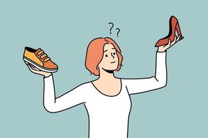 verward jong vrouw kiezen tussen verschillend schoenen soorten. gefrustreerd meisje maken keuze tussen sportschoenen en hakken. mode en stijl. vector illustratie.