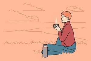 gelukkig jong Mens zittend in natuur drinken thee van thermosfles. glimlachen genieten warm koffie Aan heuvel buitenshuis. ontspanning concept. vector illustratie.