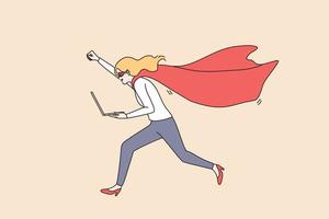 bedrijf succes en leiderschap concept. jong glimlachen positief zakenvrouw tekenfilm karakter rennen met laptop met verheven hand- en superman kostuum vector illustratie
