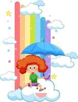 een meisje zittend Aan wolk met regenboog vector