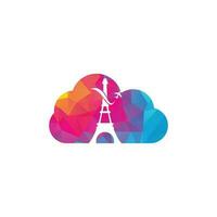 Frankrijk reizen wolk vorm concept logo ontwerp. Parijs eiffel toren met vlak voor reizen logo ontwerp vector