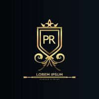 pr brief eerste met Koninklijk sjabloon.elegant met kroon logo vector, creatief belettering logo vector illustratie.