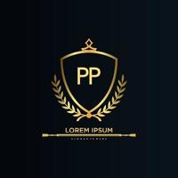 pp brief eerste met Koninklijk sjabloon.elegant met kroon logo vector, creatief belettering logo vector illustratie.