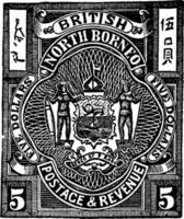 Brits noorden Borneo vijf dollars postzegel in 1887, wijnoogst illustratie. vector