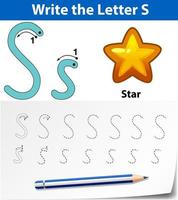 letter s tracing alfabet werkblad met ster vector