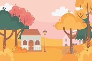 landschap in de herfst. huizen, fiets, lamp en bomen vector