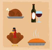 fijne thanksgiving day. wijn, fles, kalkoen en cake vector