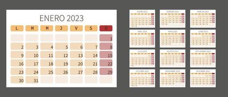 2023 Spaans kalender. ontwerper sjabloon. kalender lay-out met 12 maand.horizontaal maandelijks bureau dagboek. vector gemakkelijk illustratie