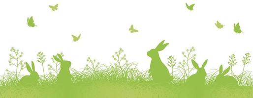 Pasen naadloos vector achtergrond illustratie met konijn silhouetten in een met gras begroeid veld. horizontaal herhaalbaar.