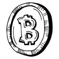 bitcoin symbool Aan geld munt hand- getrokken schetsen vector teken. cryptogeld icoon geïsoleerd Aan wit.