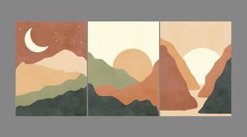 modern abstract minimalistische landschap affiches. woestijn, bergen, zon en maan. dag en nacht tafereel. pastel kleuren, aarde tonen. boho midden in de eeuw kunst afdrukken. vlak ontwerp. voorraad vector illustratie