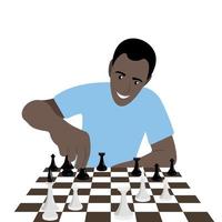 een met een donkere huid vent herschikt een stuk Aan een schaakbord, Toneelstukken schaken, de vent maakt een Actie in een schaak spel, vlak vector, isoleren Aan wit vector