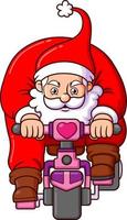 de de kerstman claus is heel focus en snel terwijl rijden een schattig fiets met een liefde teken vector