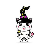 schattig mascotte kat vervelend een heks hoed en draag- een magie toverstaf kawaii vector