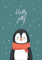 nieuw jaar geschenk kaart met een schattig slapen pinguïn met een warm sjaal. vector sjabloon