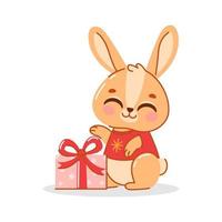 schattig tekenfilm konijn of haas. een konijn met een geschenk in zijn handen. het drukken Aan kinderen t-shirts, groet kaarten, affiches. vector illustratie geïsoleerd Aan een wit achtergrond