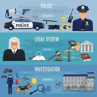 vector banners van Politie en wettelijk systeem rechter