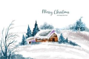 mooi winter landschap met huis in besneeuwd Kerstmis kaart achtergrond vector