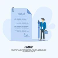 teken de contract. zakenman tekenfilm karakter Holding pen. officieel document, wettelijk contract met handtekening. overeenkomst, inzet overeenkomst. geïsoleerd vector concept metafoor illustratie