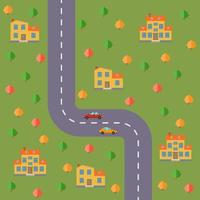 plan van dorp. landschap met de weg, Woud, auto's en huizen. vector illustratie