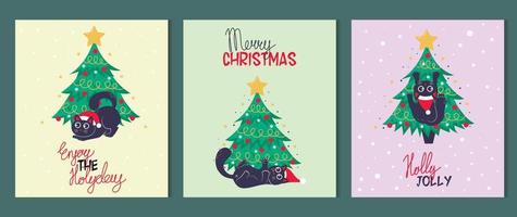 bundel van Kerstmis kaart, banier of poster sjabloon met Kerstmis boom en schattig zwart kat en Kerstmis belettering vector