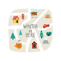 schattig kaart met Kerstmis snuisterijen, bomen, huizen. winter is hier Kerstmis vakantie. vector illustratie.