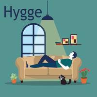 iemand wie ontspant in de midden van bezig leven. hygge huis stijl. vector