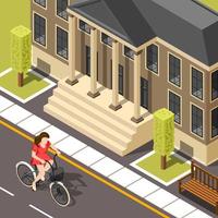 isometrische meisje met een fiets buitenshuis vector