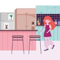 meisje met koelkast, aanrecht en stoelen in de keuken vector
