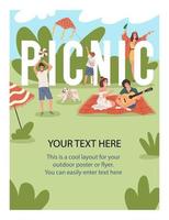 een poster of een folder voor een picknick. vrienden kom tot rust in natuur, Speel, dans, hebben plezier. de familie ging naar natuur in de zomer vector