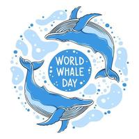 walvissen zijn getrokken in de stijl van lineair kunst. vector illustratie met marinier flora en fauna Aan een wit achtergrond. walvisachtigen met de opschrift - wereld walvis dag