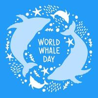 walvissen zijn getrokken in de stijl van lineair kunst. vector illustratie met marinier flora en fauna Aan een blauw achtergrond. walvisachtigen met de opschrift - wereld walvis dag