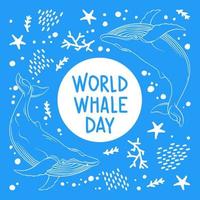 walvissen zijn getrokken in de stijl van lineair kunst. vector illustratie met marinier flora en fauna Aan een blauw achtergrond. walvisachtigen met de opschrift - wereld walvis dag