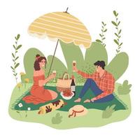 een jong paar Aan een datum in de park. een vent en een meisje drinken wijn Bij een picknick en eten. romantisch avondeten in natuur. vector
