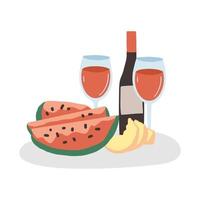 een picknick voedsel set. wijn, watermeloen, meloen voor een datum. vector illustratie van lekker Aan een wit achtergrond