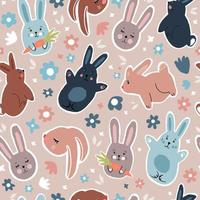 Adobe illustrator naadloos vector patroon van schattig getrokken konijntjes en bloemen. inschrijving vlak illustratie voor baby kleren, ansichtkaarten, omhulsel papier, behang.