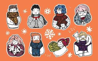 groot reeks van schattig stickers van verschillend mensen in warm kleren. Kerstmis elementen, sneeuwvlokken, takken, geschenken, bladeren. hand- getrokken winter illustratie geïsoleerd Aan lagen. kinderen grappig stijl. vector