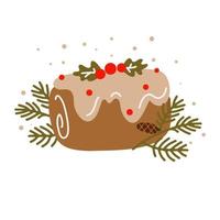 taart Kerstmis pudding. kleverig biscuit met droog fruit en geglaceerd fruit en citrus animo. geïsoleerd vector illustratie. Kerstmis bakken. tekenfilm koekje, taart. Spar takken