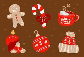 Kerstmis en nieuw jaar reeks met peperkoek Mens, kaars, Kerstmis decoraties, cacao en andere decor elementen. ontwerp voor afdrukken, ansichtkaarten, affiches. vector illustratie.