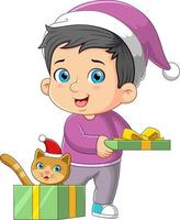 de schattig jongen is krijgen de schattig katje van de de kerstman claus' geschenk van illustratie vector