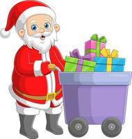 de kerstman claus voortvarend trolley en veel cadeaus vector