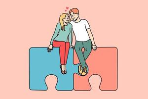 gelukkig paar zittend Aan decoupeerzaag puzzels knuffelen. glimlachen Mens en vrouw omhelzing vind liefde samen. verhouding en affectie. vector illustratie.
