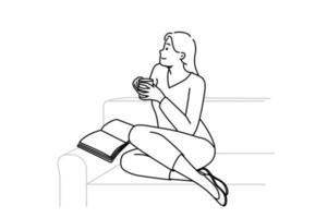 dromerig jong Mens zitten Aan sofa lezing boek drinken koffie. gelukkig meisje kom tot rust Aan bankstel in leven kamer met warm drank. vector illustratie.