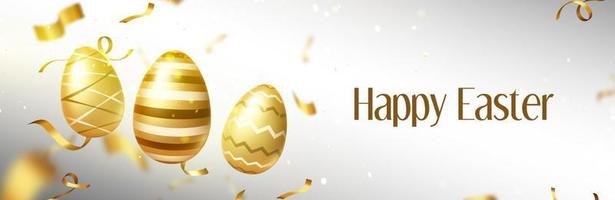 gelukkig Pasen banier met goud eieren en confetti vector